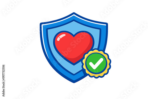 A cartoon illustration of a blue shield containing a red heart, with a green checkmark badge in the foreground, representing health insurance and medical protection concepts.