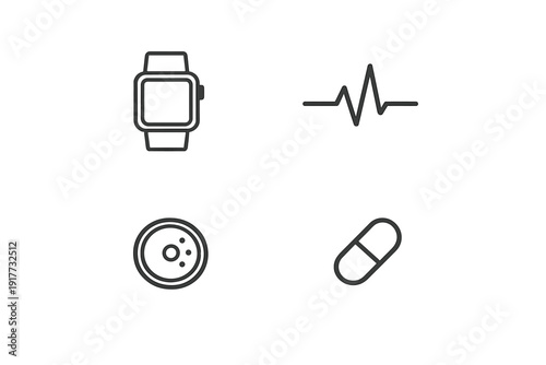 A collection of four white health and medical technology icons on a black background, including a smartwatch, a heartbeat line, a circular sensor patch, and a capsule pill.