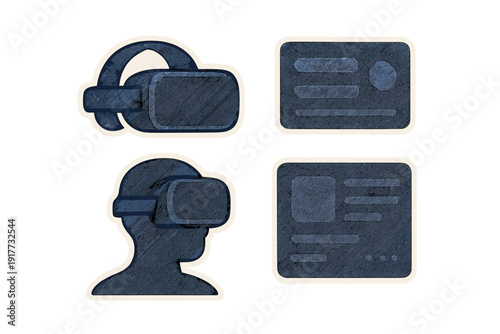 A sticker pack featuring a virtual reality headset, a silhouette of a person wearing VR goggles, and two digital interface cards with a dark blue textured finish and white borders.