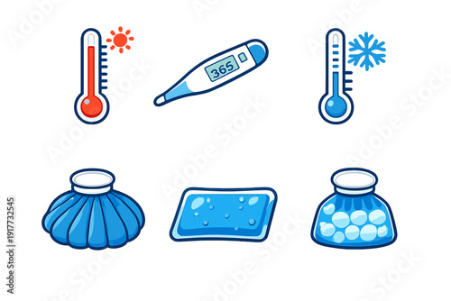 A set of six medical icons featuring thermometers showing hot and cold temperatures, a digital thermometer, and various types of blue ice packs for fever relief and health care.