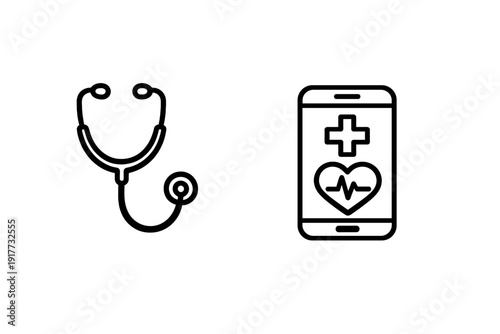 This graphic features two black line icons on a white background: a medical stethoscope and a mobile phone showing a cross symbol and a heart with an EKG pulse line.