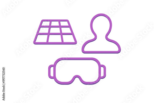 Three purple neon icons including a perspective grid, a human avatar silhouette, and a virtual reality headset are displayed against a solid black background for a modern digital look.