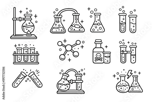 This set of eleven white line art icons depicts various chemistry laboratory equipment including flasks, test tubes, and molecules. The minimalist designs are on a solid black background.