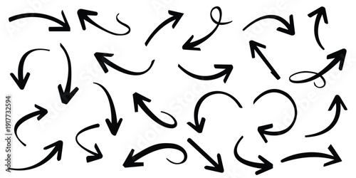 Hand drawn arrow icon collection. Includes various directions, curves, turns, and pointing symbols for navigation and indication. Created in a doodle style with a black and white palette.