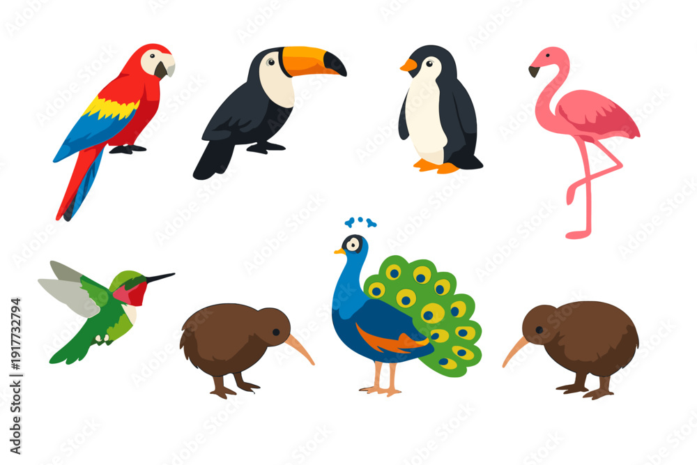 Fototapeta premium A collection of colorful cartoon bird illustrations including a parrot, toucan, penguin, flamingo, hummingbird, peacock, and two kiwis isolated on a black background.