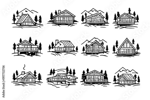 Twelve minimalist white line art illustrations of mountain cabins and forest houses with pine trees and peaks, presented in a grid layout on a black background.