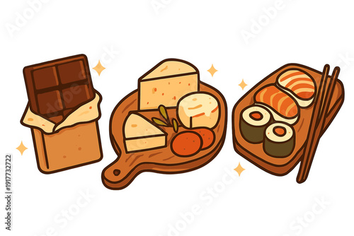 A set of modern food icons featuring a dark chocolate bar, a wooden cheese board with various wedges, and a sushi platter with nigiri and maki rolls on a dark background.
