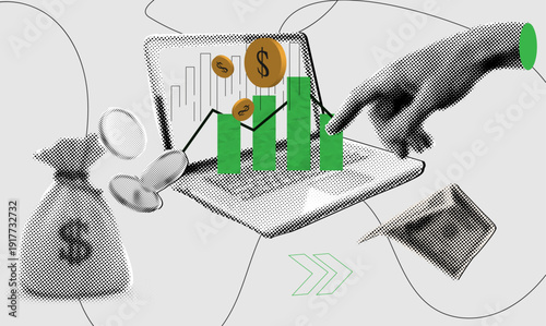 Trendy halftone collage,Digital Finance and Investment Growth Concept with Laptop Chart, Coins, and Business Analysis Elements