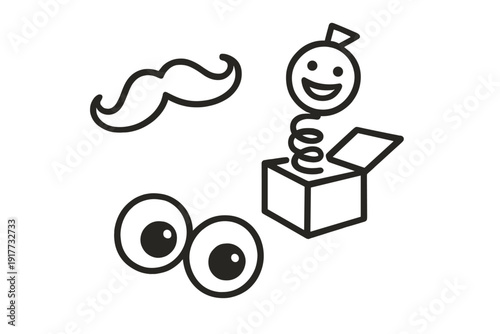 A minimalist monoline icon set featuring a fake mustache, a jack-in-the-box with a smiling face, and a pair of googly eyes, all rendered in gold lines on a black background.