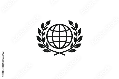 A black and white graphic illustration of a globe with grid lines centered within a laurel wreath. This minimalist symbol represents global unity, peace, and international cooperation.