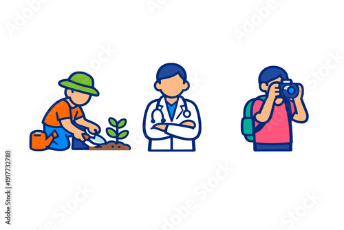 Three flat vector illustrations of people representing different professions: a gardener planting a seedling, a doctor with a stethoscope, and a photographer with a camera.