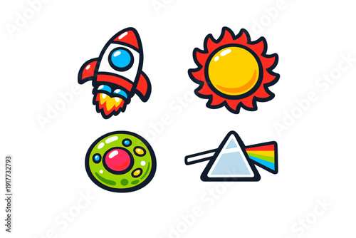 A collection of four vibrant cartoon icons featuring a rocket ship, a bright sun, a colorful planet, and a light prism with a rainbow spectrum on a solid black background.