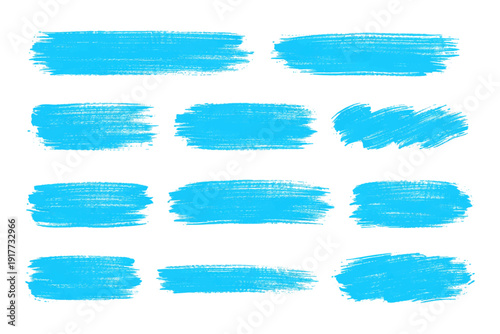 Light blue brush stroke text box set. Dry brush paint highlight stripes with grunge texture. Acrylic or gouache banner labels collection