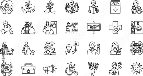 Charity, Volunteering, Social Help, and Community Service Outline Icons Set