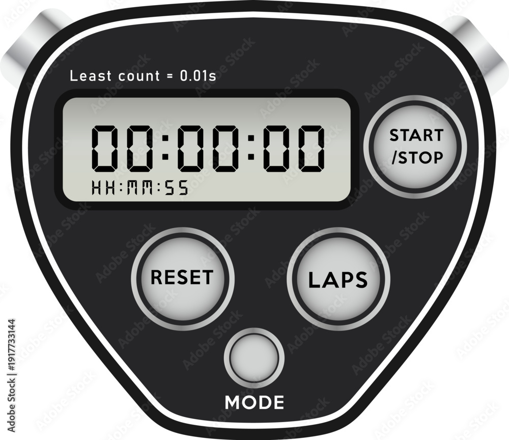 Fototapeta premium Digital Stopwatch Vector Illustration with 0.01s Least Count and Functional Buttons