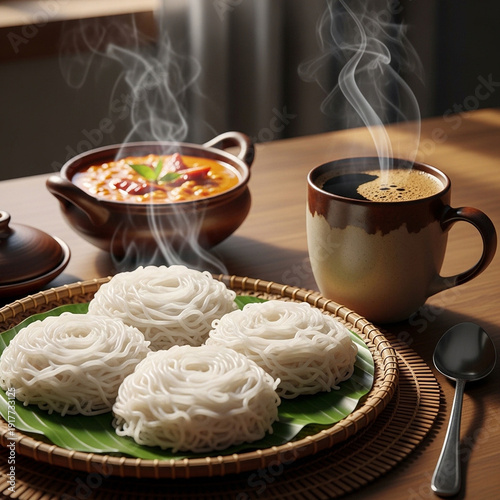 traditional sri lankan breakfast with string hoppers spicy curry and hot coffee on wooden table