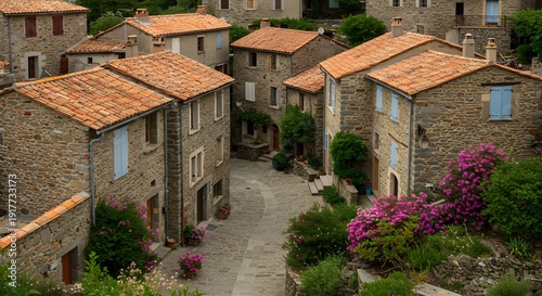 Stone buildings with red tile roofs and blue shutters line a cobblestone street