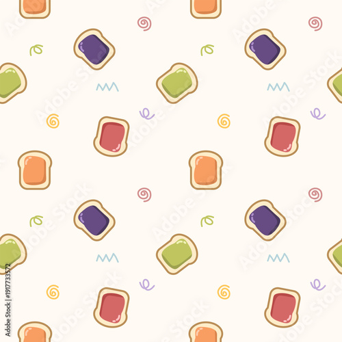 Bread and jam cartoon so cute. On doodle background. Pattern seamless vector illustration. 