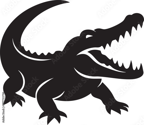Black silhouette of a crocodile with open mouth and sharp teeth standing alone