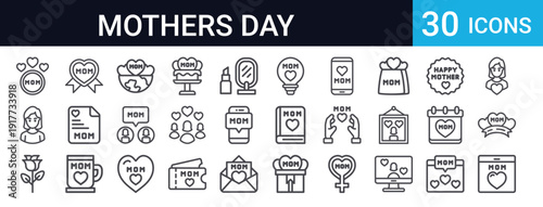 30 thin line mothers day icons. Includes gifts, flowers, love, family, celebration symbols. Perfect for web, apps, greeting cards and holiday designs.