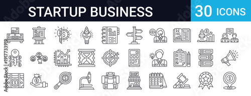 30 thin line startup and business icons including megaphone, chat, pin, target, briefcase, calendar, trophy, and more. Perfect for web, app, and presentation design.