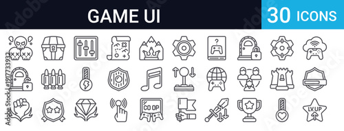 30 thin line game UI icons including controller, shield, star, trophy, settings, and more. Perfect for gaming apps, interface design, and web projects.