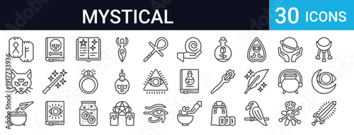 30 thin line mystical icons featuring celestial symbols, magic ritual tools, potions, spell books, moon phases, crystals, and witchcraft elements. Perfect for esoteric designs.