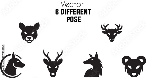 Vector illustrations of six different animal heads in various poses