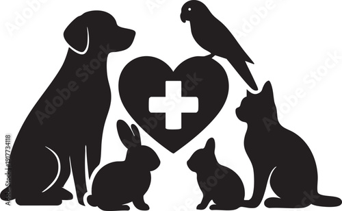 Black silhouettes of pets and heart with cross symbol  animals and medical care