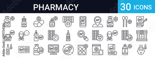 30 thin line pharmacy and medical icons. Includes pills, prescription, first aid, treatment, healthcare symbols. Perfect for web, app, and medical design projects.