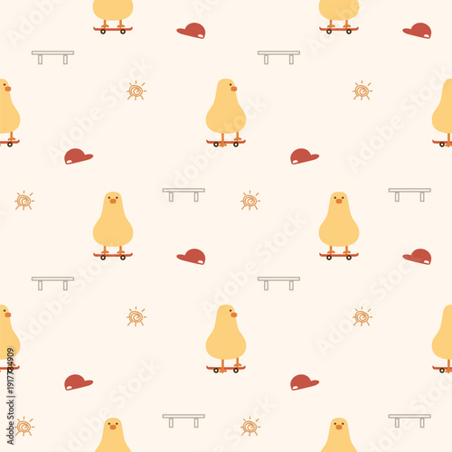 Duck yellow play skateboard cartoon so cute. On sun hat background. Pattern seamless vector illustration. 