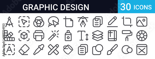 30 thin line icons for graphic design software and tools. Includes wireframe, color wheel, artboard, layers, text editing, brushes, and creative workflow symbols.