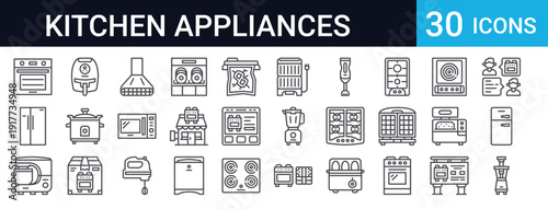 Collection of 30 thin line kitchen appliance icons including refrigerator, microwave, oven, blender, juicer, dishwasher, and more. Perfect for cooking and home equipment projects.