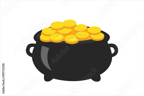 black pot filled with shiny golden coins, representing wealth, luck, and St. Patricks Day themes.