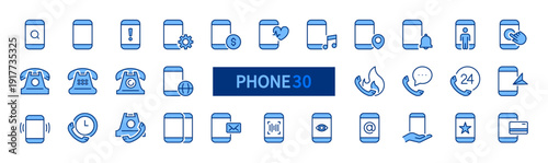 Phone icon set. Telephone blue line icons. Mobile, handset sign. Device symbol. Vector illustration. Flat design. Isolated on a white background. Editable stroke. Communication concept.