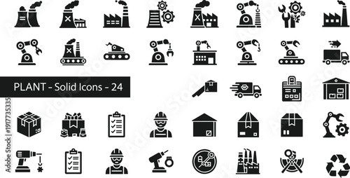 Industrial plant solid icons flat vector illustration, factories, automation, robotics, logistics, workers, tools, recycling, manufacturing design