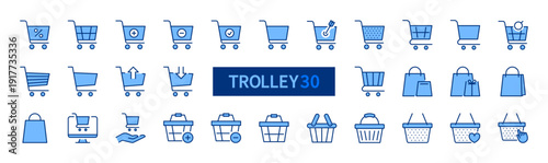 Shopping cart icon set. Trolley, grocery cart blue line icons. Basket sign. E-commerce, closeout, retail, supermarket concept. Vector illustration. Isolated on a white background. Editable stroke.
