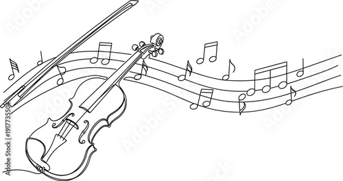 Violin with bow and musical notes, dynamic staff flowing across composition, artistic music theme drawing, flat vector illustration