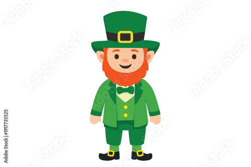 cheerful leprechaun in traditional green attire, hat, and shoes, perfect for St. Patricks Day designs.