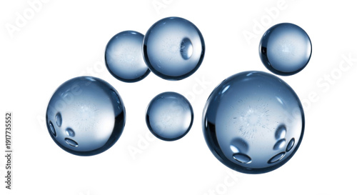 Isolated blue transparent water drops or liquid bubbles, cosmetic ingredient on blank background