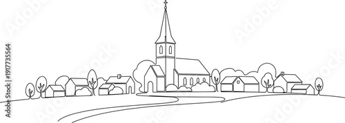 Countryside village scene with church steeple, rural houses, trees and path, peaceful community landscape drawing, flat vector illustration