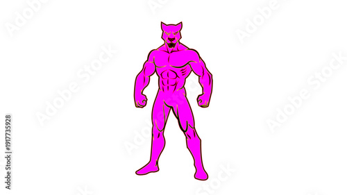 Pink panther superhero character vector, muscular feline humanoid mascot illustration, vibrant magenta comic book hero standing in power pose