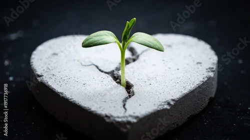 Small green plant growing from cracked heart shaped stone