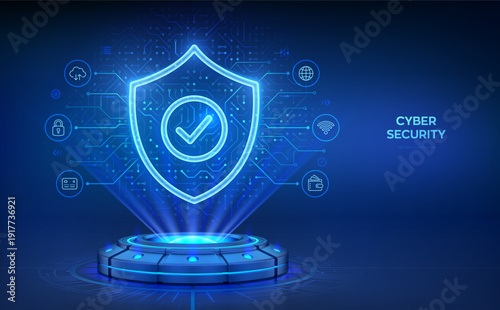 Cyber security technology concept. Holographic platform with glowing rays forming Protection shield with Check mark. Cyber data protection. Information privacy. Network safety. Vector illustration.