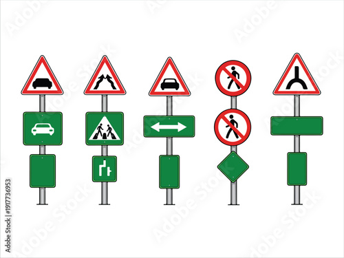 Collection of road traffic warning and informational signs on poles