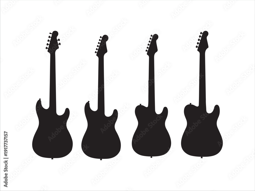 Fototapeta premium Four electric guitars standing upright in black silhouette style design