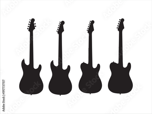 Four electric guitars standing upright in black silhouette style design