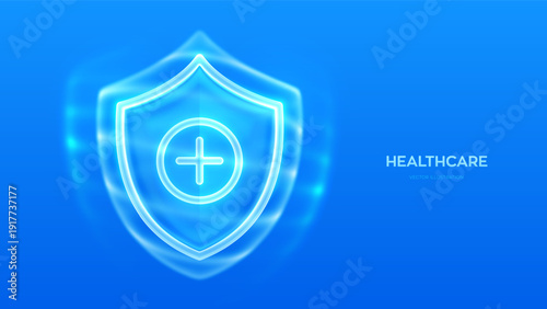 Protection shield with energy force field. Transparent glass security shield with medical cross sign. Healthcare, Medical services. Life insurance. Virus protection. Health care. Vector illustration.