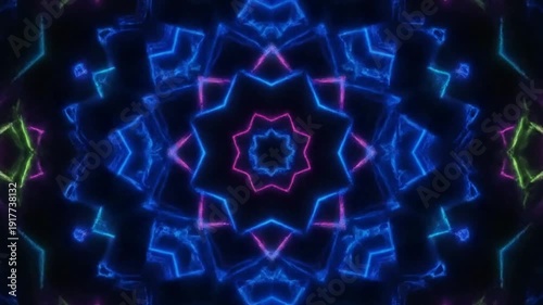 Vibrant neon kaleidoscope pattern with glowing blue shapes and colorful geometric designs