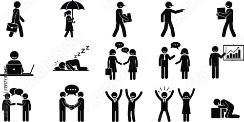 Business people lifestyle silhouette icons set, office work communication teamwork success stress symbols, professional human activity vector illustration collection pack